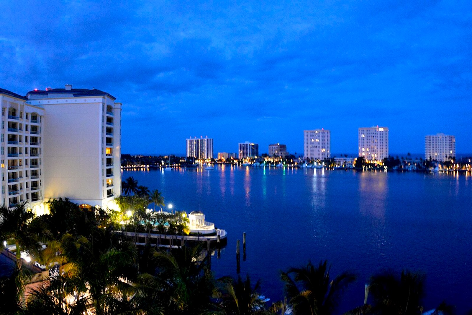 Waterfront skyline and luxury waterfront homes in East Boca Raton at sunset